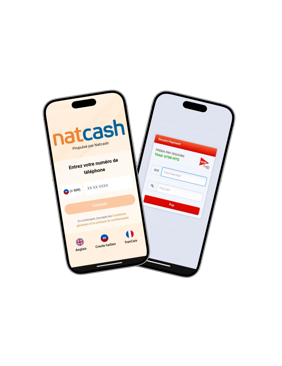 Écrans NatCash et paiement sécurisé MonCash avec Freda Pay Issuing